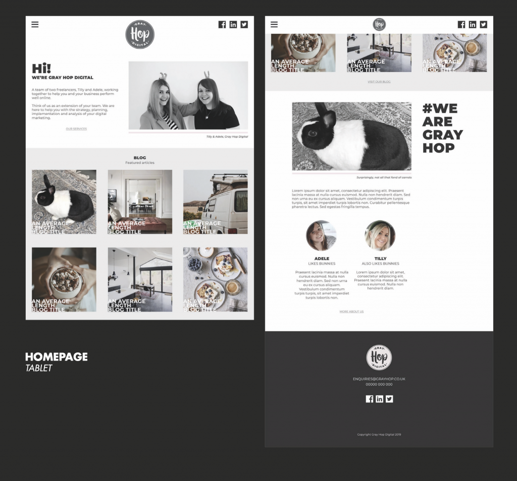 Mock-ups of the Gray Hop home page displayed at tablet screen sizes